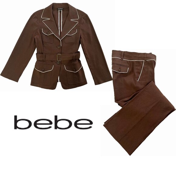 Bebe Vintage Linen Pant Suit | Dark Rum/Brown w/White Trim & Belt | EUC - Picture 1 of 16